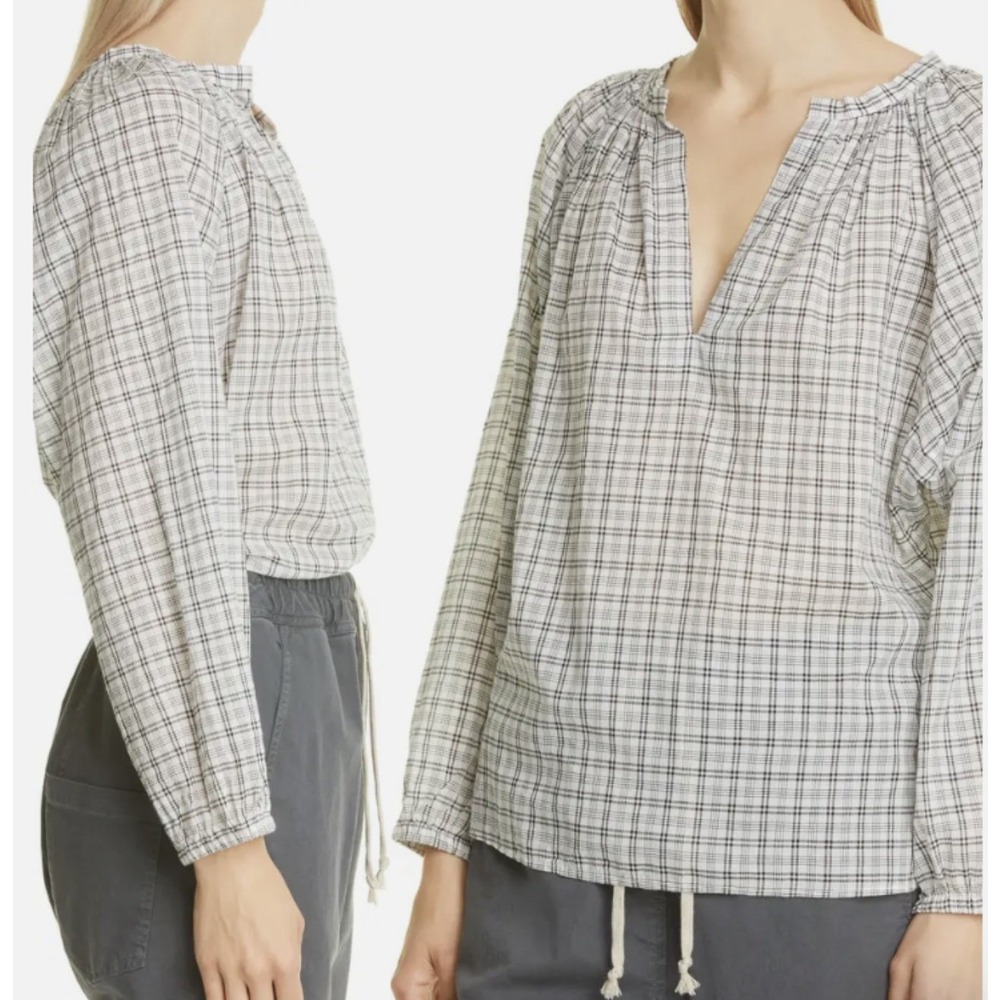 Nili Lotan Brooke Plaid Cotton Peasant Blouse Size L‎